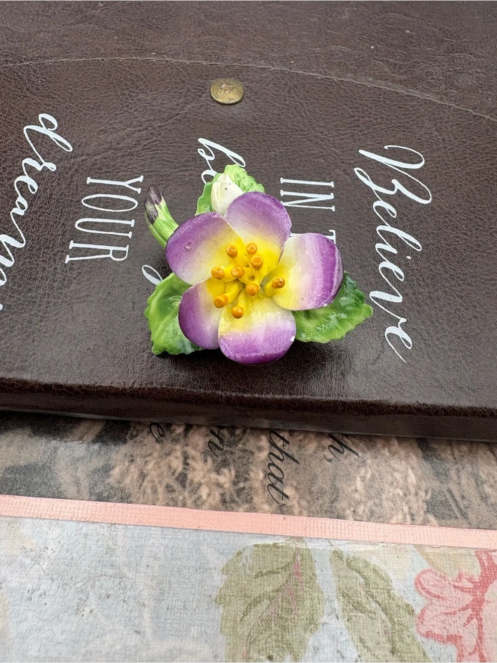 Vintage English Bone China Flower Brooch Cottagecore Floral Pin